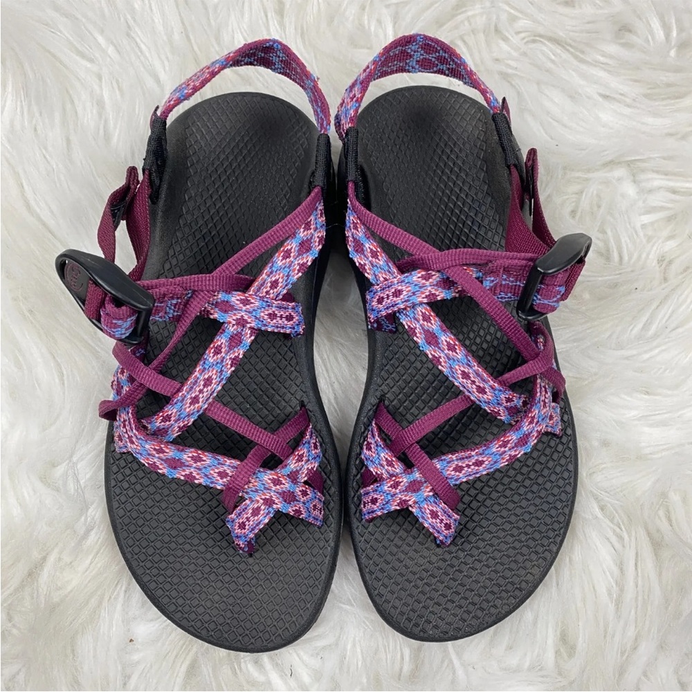 Chaco ZCloud X2 Remix Sandal Poplin Black Purple Diamond Print Women's Size 8